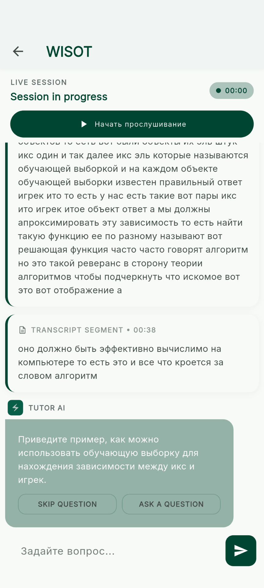 Live transcript with timestamp segments
